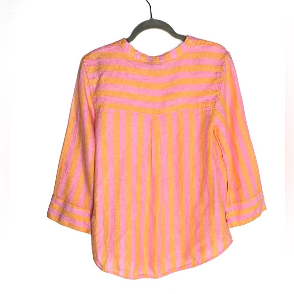 J. Crew 100% Linen Pink and Orange Striped Popover Shirt 3/4 Sleeves Size XS - Picture 7 of 13